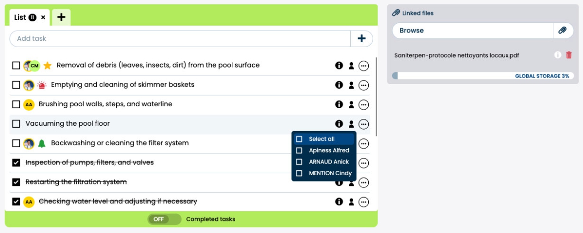 Interface GTD/Eisenhower d’Otilus avec attribution des tâches aux collaborateurs.