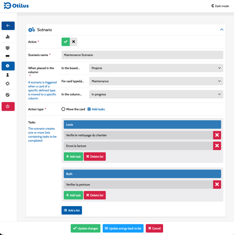 Interface manager de gestion d'un scénario dans Otilus