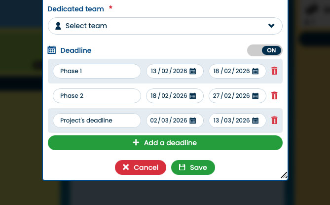 Interface de planification des phases et des échéances d’une carte dans Otilus.