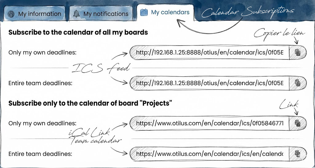 Sync your calendars and share ICS schedules directly from Otilus.